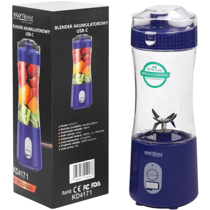 Blender przenośny bezprzewodowy akumulatorowy niebieski USB-C 380ml / 2x3000mAh