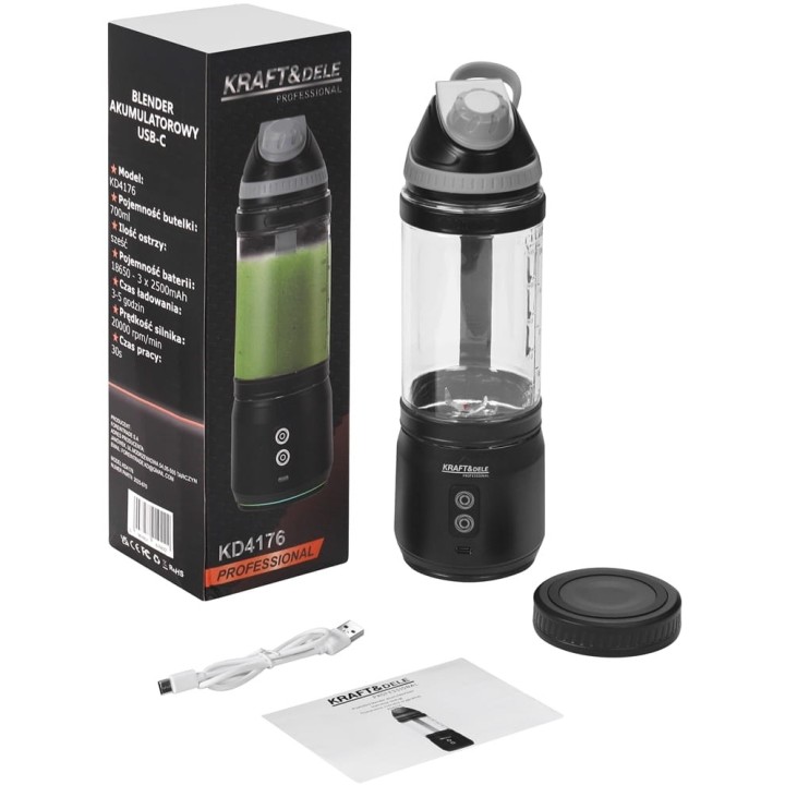 BLENDER przenośny bezprzewodowy AKUMULATOROWY czarny USB-C 700ML 2x2500mAh