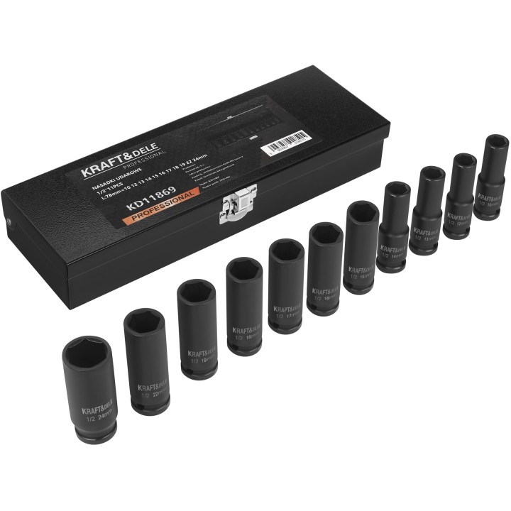 Nasadki udarowe czarne 1/2" 11 szt 78mm 10-24mm + walizka