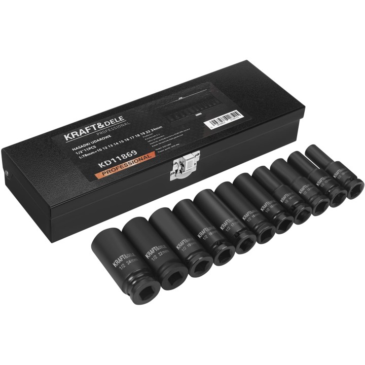 Nasadki udarowe czarne 1/2" 11 szt 78mm 10-24mm + walizka