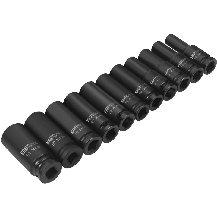 Nasadki udarowe czarne 1/2" 11 szt 78mm 10-24mm + walizka