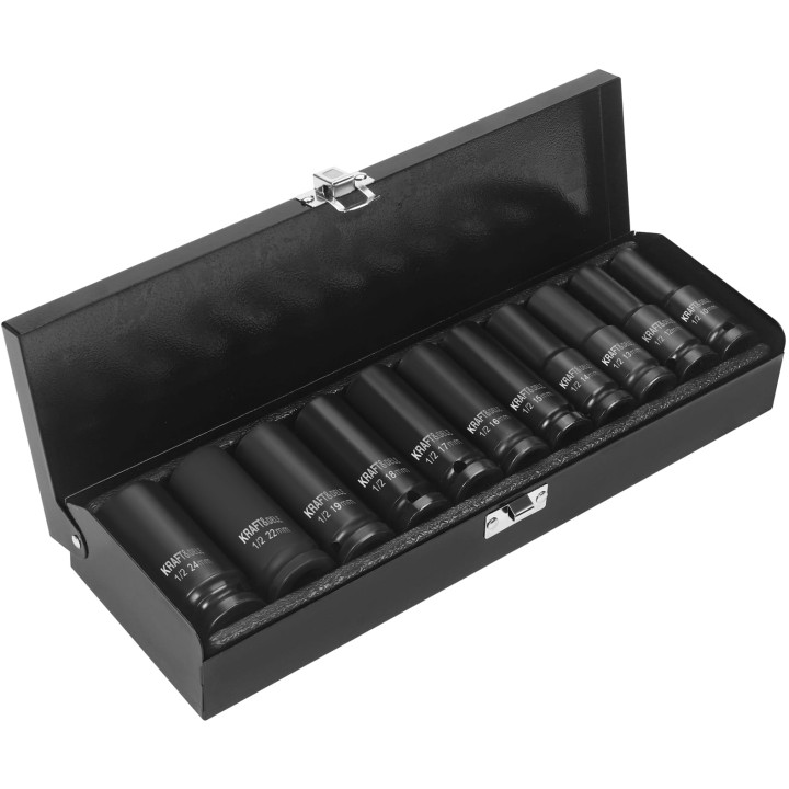 Nasadki udarowe czarne 1/2" 11 szt 78mm 10-24mm + walizka