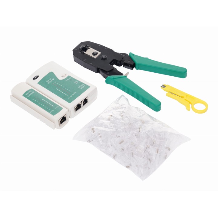 ZESTAW NARZĘDZI SIECIOWYCH dla informatyka zaciskarka RJ45 + złączki tester