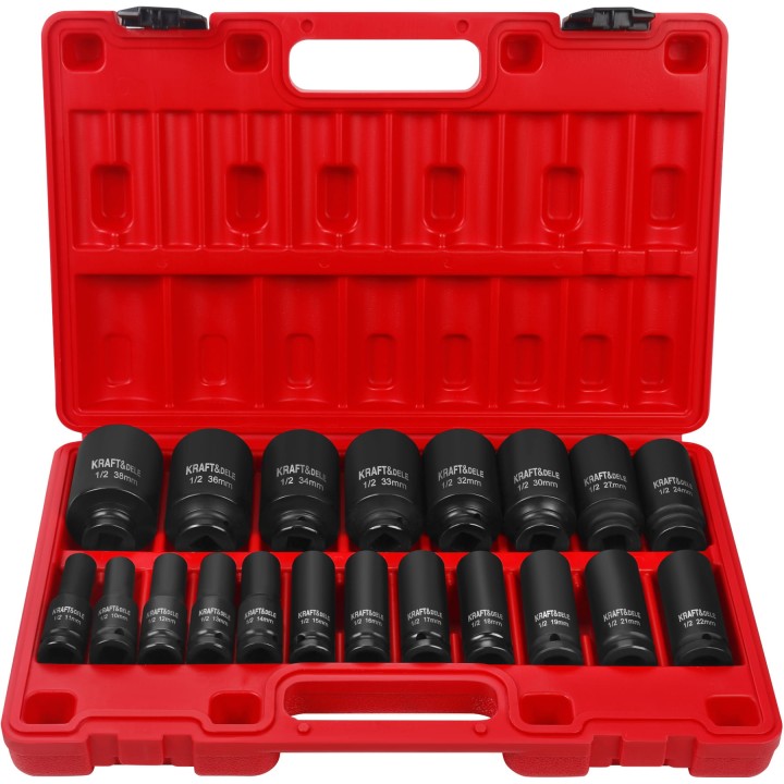 Nasadki udarowe 1/2" 20 szt WZMACNIANE 10-38mm + walizka