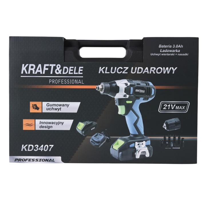 KLUCZ UDAROWY AKUMULATOROWY 21V - ZESTAW Z NASADKAMI 2xAKU SERIA34