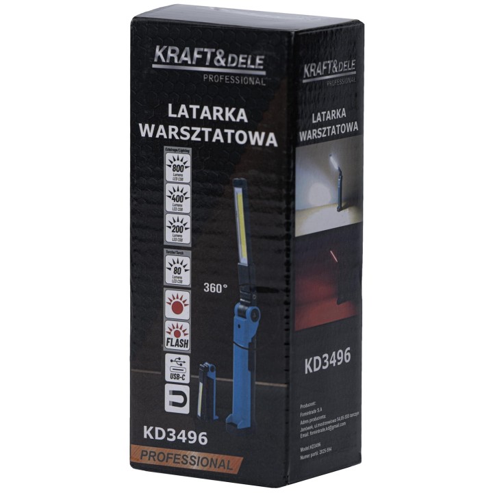 LATARKA WARSZTATOWA LATARKA LED USB-C 200/400/800LM + ŚWIATŁO OSTRZEGAWCZE