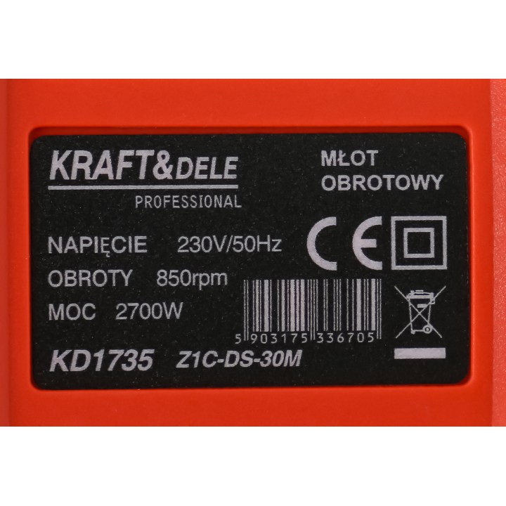 Młot udarowy 2700W 850rpm młotowiertarka + dłuta wiertła walizka