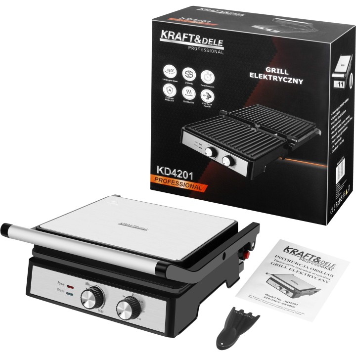 Grill elektryczny opiekacz 2400W + tacka na tłuszcz 29x24cm